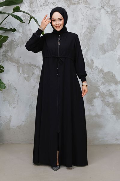 Neva Style Zippered Black Hijab Abaya 81291S
