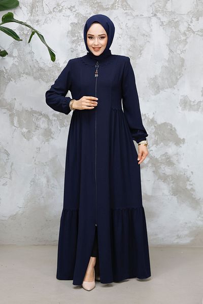 Neva Style Navy Blue Zippered Hijab Abaya - 8133L