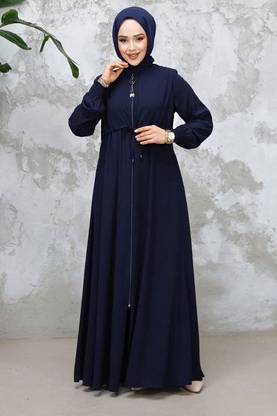 Neva Style Zippered Navy Blue Hijab Abaya 81291L