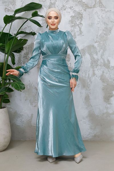 Neva Style Feather Detailed Green Hijab Evening Dress 50481Cy