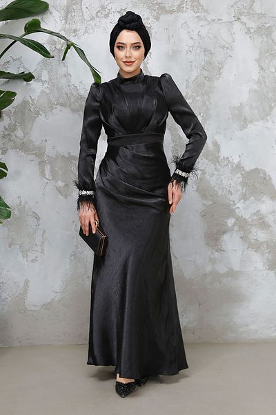 Neva Style Feather Detailed Black Hijab Evening Dress 50481S