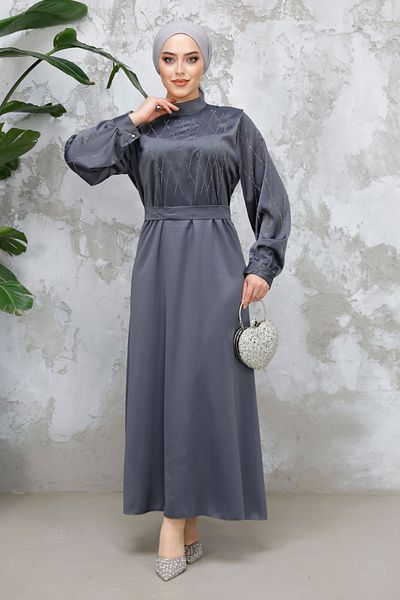 Neva Style Rochie din satin hijab afumat cu margele 65880FU