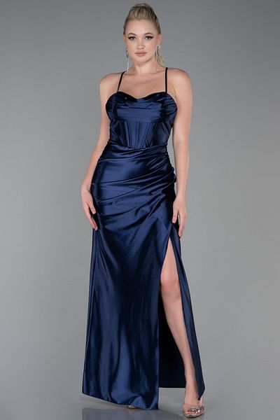Abiyefon Navy Blue Satin Evening Dress - Long, Leg Low Cut, Ballerina Corset ABU3247