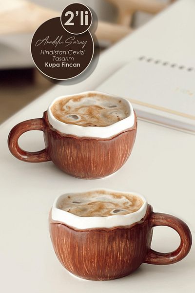 Anadolu Saray 2 Pcs Handmade Ceramic Coconut Design Mug Mug Cup Handmade Mug Cup Coffee Cup