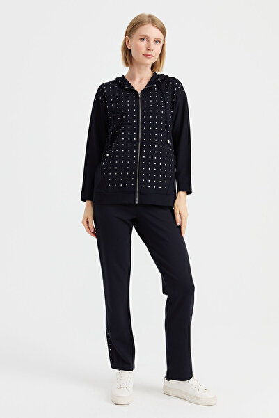 Desen Triko Women's Hooded Sweat with Small Square Stones on the Front Navy Blue