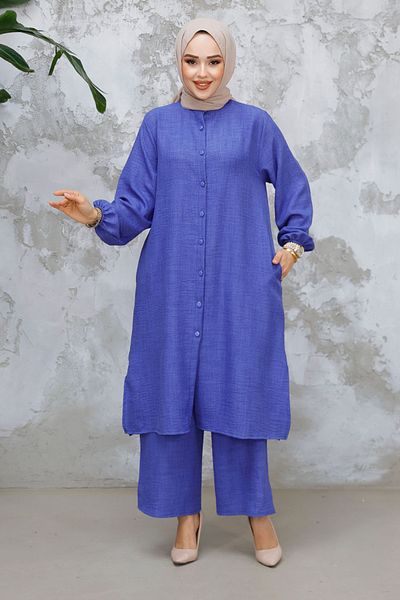 Neva Style طقم حجاب مزدوج بأزرار باللون الأزرق النيلي - 25492IM