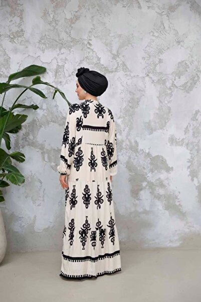 Neva Style Beige Hijab Dress - Floral Print, Model 25491Beige