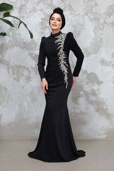 Neva Style Beaded Black Hijab Evening Dress 4964S