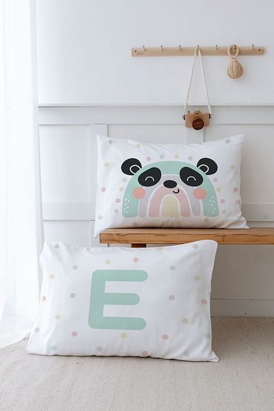 Tuğba Kuğu 2 Μαξιλαροθήκες (50x70) Mint Blue Panda - Letter Series - Letter E