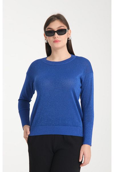 Coşkun GİYİM Bluză de damă din tricotaje din viscoză cu sclipici cu decolteu - Saxs Blue B7058