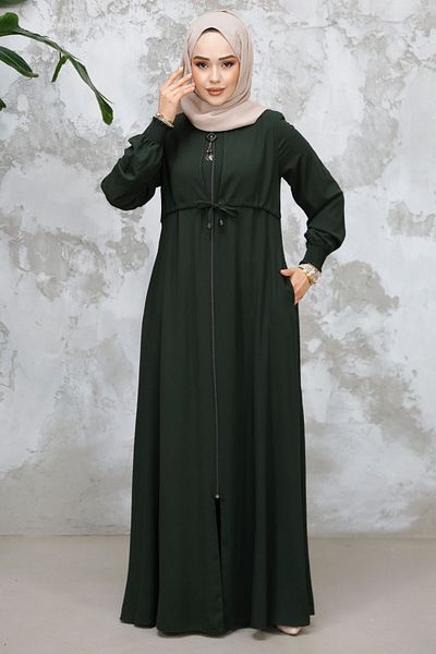 Neva Style Dark Khaki Zippered Hijab Abaya - 81291Khk