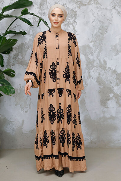 Neva Style Floral Print Camel Hijab Dress 25491C
