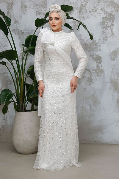 Neva Style Hijab Evening Dress - Beaded White Hijab Evening Dress 50541B