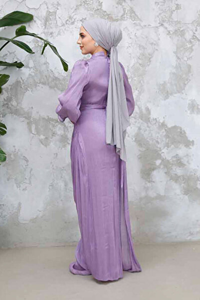 Neva Style Drape Detailed Lilac Hijab Evening Dress 4934Lıla