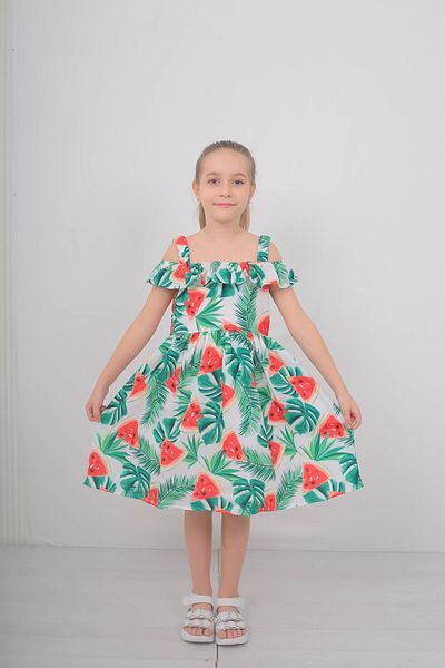 Filizdens Kids Rochie pentru fete, cu model pepene verde, căptușită cu crepon, mânecă fără bretele Rochie casual Rochie de zi de naștere