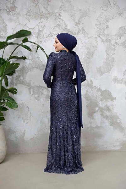 Neva Style Beaded Navy Blue Hijab Evening Dress 50541L