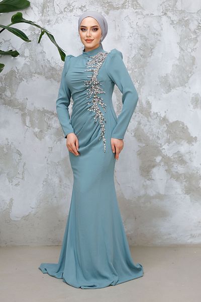 Neva Style Beaded Green Hijab Evening Dress 4964Cy