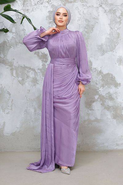 Neva Style Rochie de seară hijab liliac cu detaliu draperie 4934 lila
