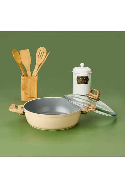 Hisar Ceramic Flat Pot - White / Brown - 26 cm