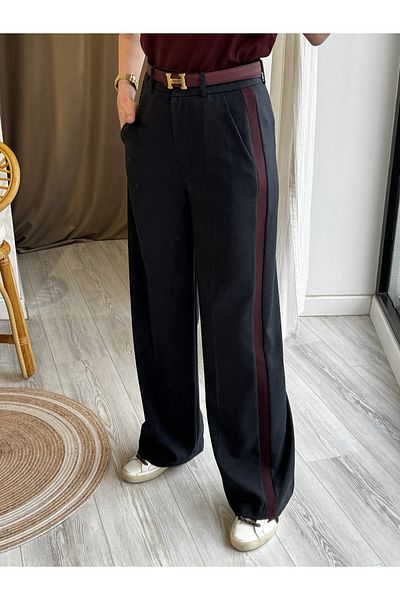 My Blog Black - Burgundy Garnished Palazzo Trousers - 51092