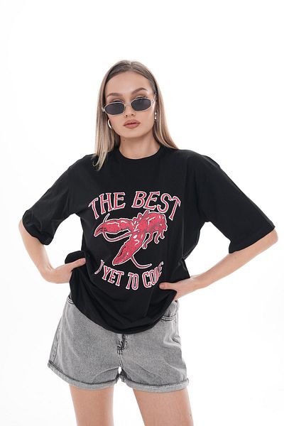 ŞİMAL Tricou oversize pentru damă, cu imprimeu text, cu decolteu 250103   -