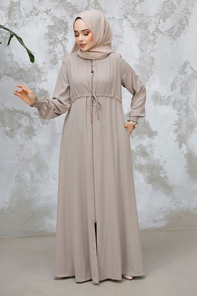Neva Style Zippered Beige Hijab Abaya 81291Bej