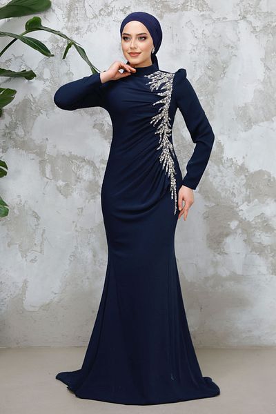 Neva Style Hijab Evening Dress - Beaded Navy Blue Hijab Evening Dress 4964L