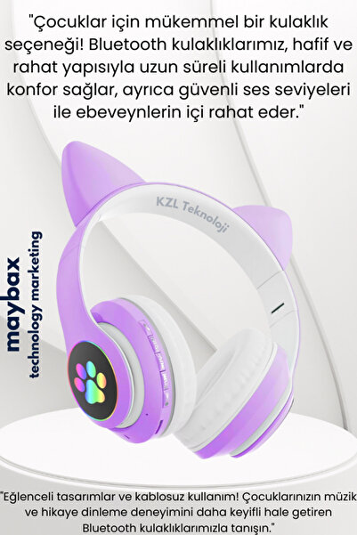Genel Markalar P68 Bass Kedili Kulaklık Bt Fm Radyo Sd Kart Aux Giriş Rgb Işıklı Kedili Kablosuz Kulaklık