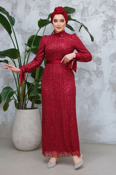 Neva Style Hijab Evening Dress - Beaded Burgundy Hijab Evening Dress 4891Br