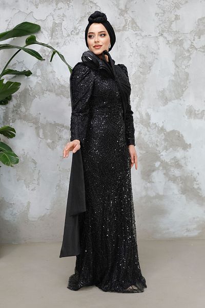 Neva Style Hijab Evening Dress - Beaded Black Hijab Evening Dress 50541S