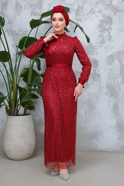 Neva Style Hijab Evening Dress - Beaded Burgundy Hijab Evening Dress 4891Br