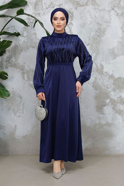 Neva Style Beading Detail Navy Blue Hijab Satin Dress 65880L