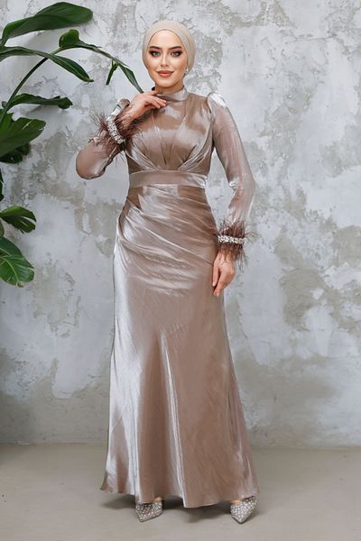 Neva Style Hijab Evening Dress - Feather Detailed Mink Hijab Evening Dress 50481V