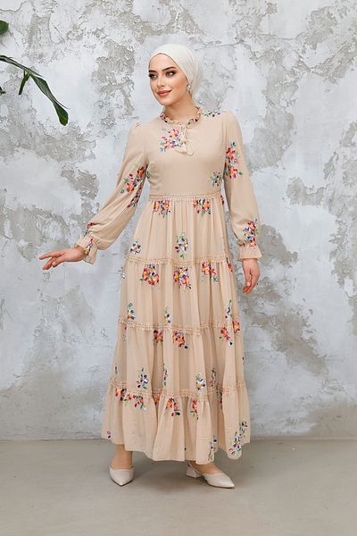 Neva Style Beige Hijab Dress - Floral Print, Model No: 32815Beige
