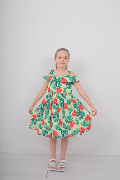 Filizdens Kids Rochie pentru fete, cu model pepene verde, căptușită cu crepon, mânecă fără bretele Rochie casual Rochie de zi de naștere