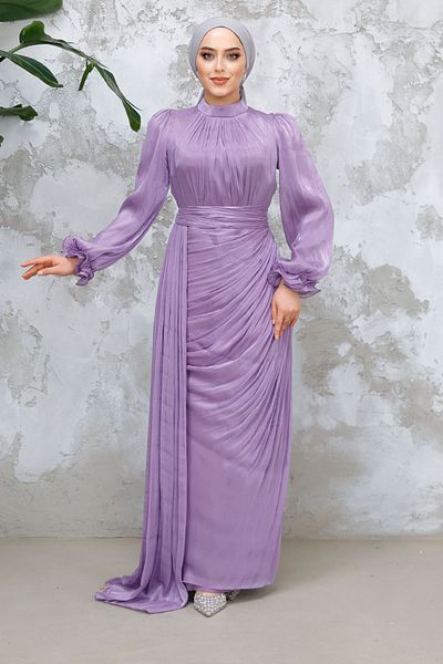 Neva Style Rochie de seara cu hijab - Rochie de seara hijab liliac cu detaliu drapat 4934lıla