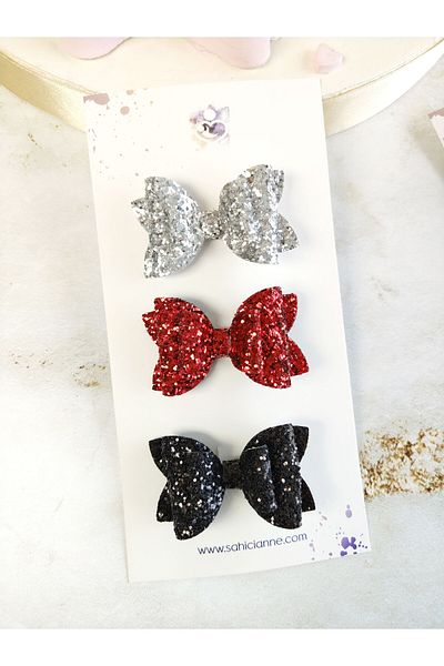 Sahici Anne Set of 3 Glittery Kids Buckles - Double Bow, Clip, Silver Red Black