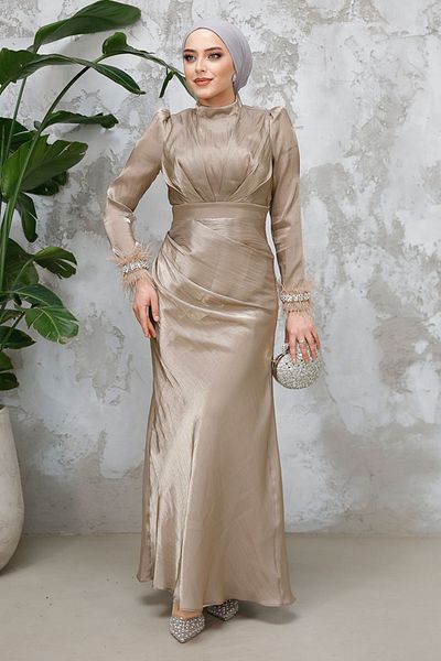 Neva Style Hijab Evening Dress - Beige Hijab Evening Dress with Feather Detail 50481Bej