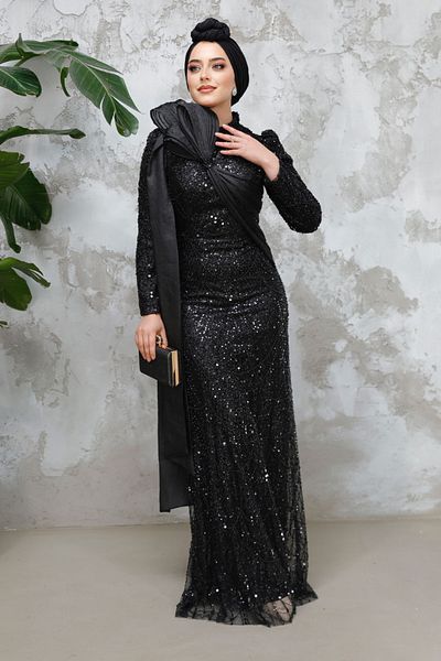 Neva Style Hijab Evening Dress - Beaded Black Hijab Evening Dress 50541S