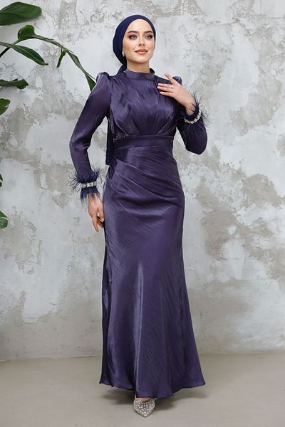 Neva Style Feather Detailed Navy Blue Hijab Evening Dress 50481L