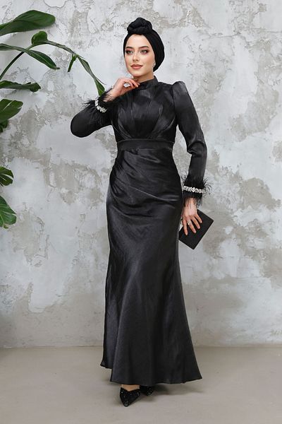 Neva Style Feather Detailed Black Hijab Evening Dress 50481S