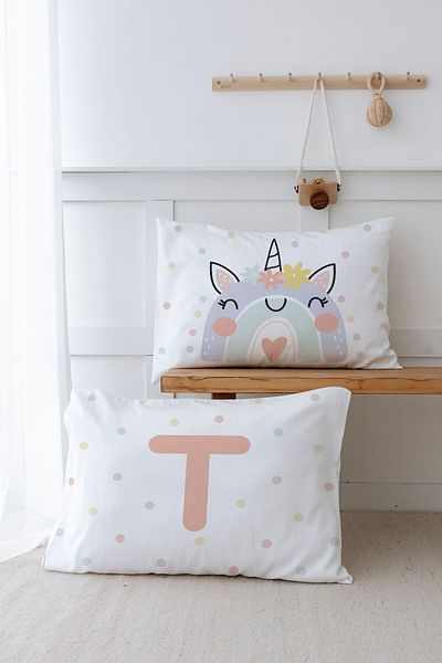 Tuğba Kuğu 2 Μαξιλαροθήκες (50x70) Salmon Unicorn - Letter Series - Letter T