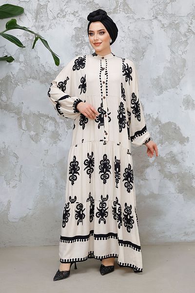 Neva Style Rochie Hijab Bej - Motiv Floral, Model 25491BEJ