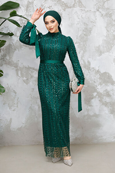 Neva Style Beading Embroidered Emerald Green Hijab Evening Dress 4891Zy