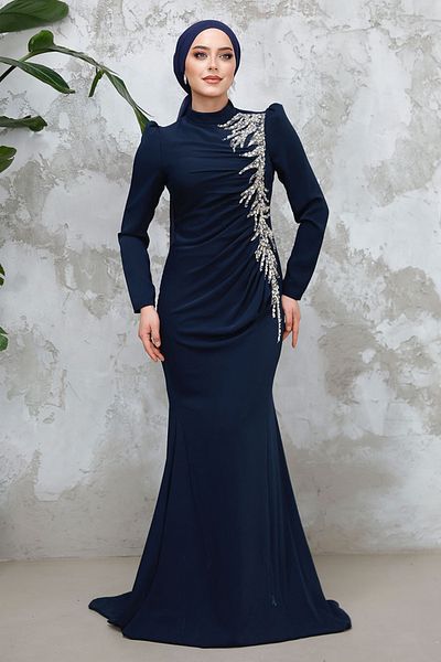 Neva Style Hijab Evening Dress - Beaded Navy Blue Hijab Evening Dress 4964L