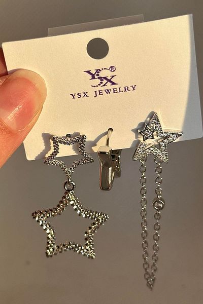 TAKIŞTIR مجموعة أقراط YSX مكونة من 3 قطع بتفاصيل حجرية على شكل نجمة فضية اللون