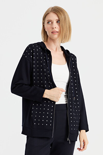 Desen Triko Women's Hooded Sweat with Small Square Stones on the Front Navy Blue