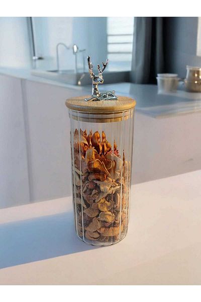 Yenigeldi (9X20 cm) 2 Pieces Deer Glass Storage Jar Deer Head Silver Color Airtight Y-412