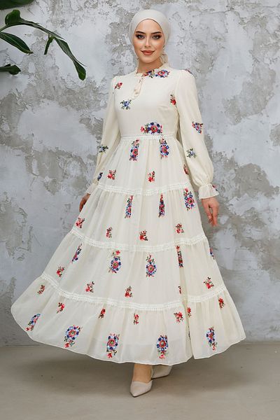 Neva Style Rochie Hijab Ecru cu Motiv Floral 32816E
