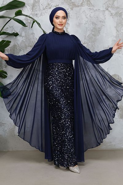 Neva Style Hijab Evening Dress - Sequined Navy Blue Hijab Evening Dress 50231L